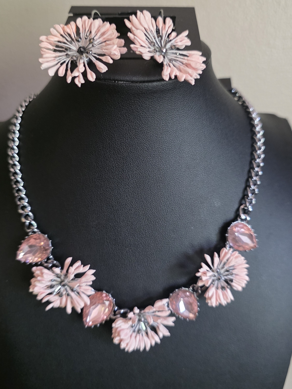 Pink Floral Crystal Necklace and Earring Set - Romantic Delicate Elegant